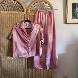 Elegant Satin Striped Pajama Set in Pink